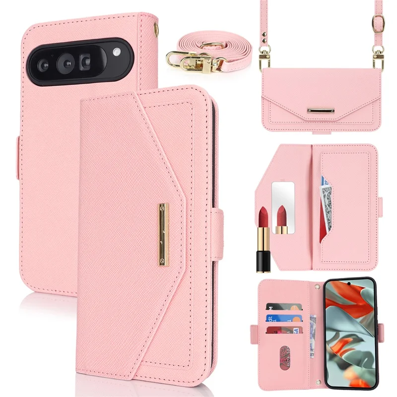 For Google Pixel 9 Pro XL Stand Case Cross Texture PU Leather Wallet Phone Cover with Shoulder Strap  /  Makeup Mirror - Pink
