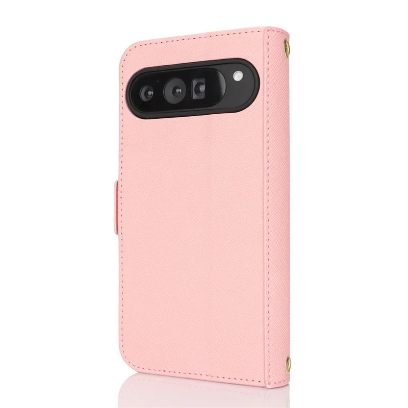 For Google Pixel 9 Pro XL Stand Case Cross Texture PU Leather Wallet Phone Cover with Shoulder Strap  /  Makeup Mirror - Pink