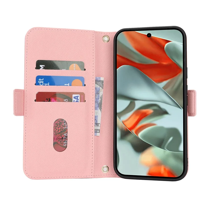For Google Pixel 9 Pro XL Stand Case Cross Texture PU Leather Wallet Phone Cover with Shoulder Strap  /  Makeup Mirror - Pink