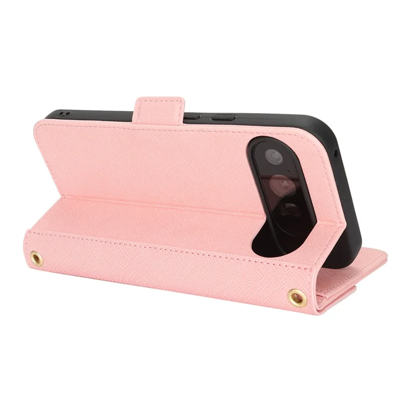 For Google Pixel 9 Pro XL Stand Case Cross Texture PU Leather Wallet Phone Cover with Shoulder Strap  /  Makeup Mirror - Pink