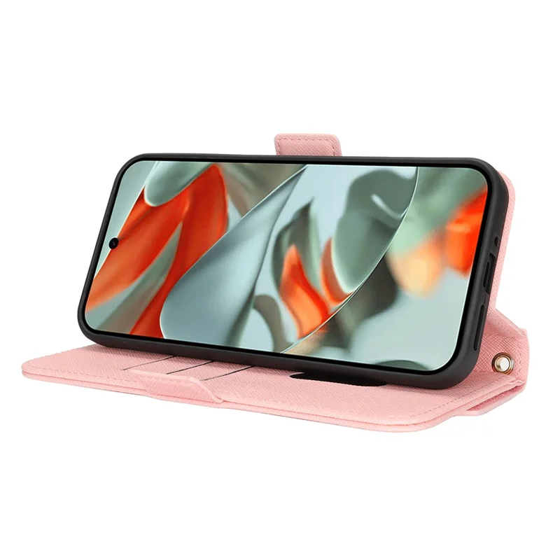 For Google Pixel 9 Pro XL Stand Case Cross Texture PU Leather Wallet Phone Cover with Shoulder Strap  /  Makeup Mirror - Pink