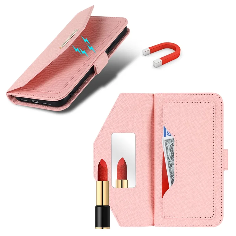 For Google Pixel 9 Pro XL Stand Case Cross Texture PU Leather Wallet Phone Cover with Shoulder Strap  /  Makeup Mirror - Pink