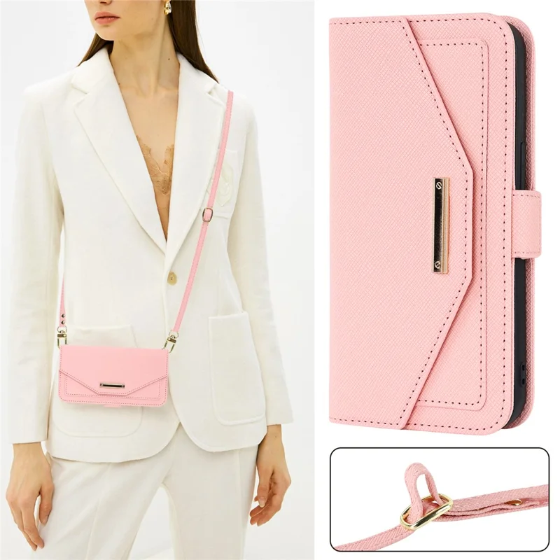 For Google Pixel 9 Pro XL Stand Case Cross Texture PU Leather Wallet Phone Cover with Shoulder Strap  /  Makeup Mirror - Pink