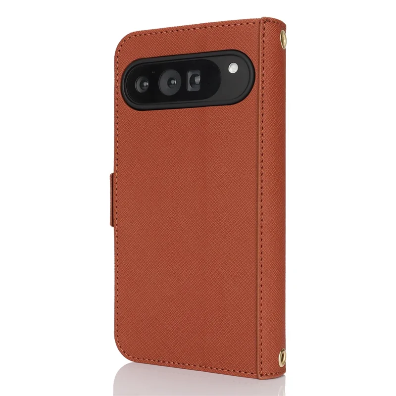For Google Pixel 9 Pro XL Stand Case Cross Texture PU Leather Wallet Phone Cover with Shoulder Strap  /  Makeup Mirror - Brown