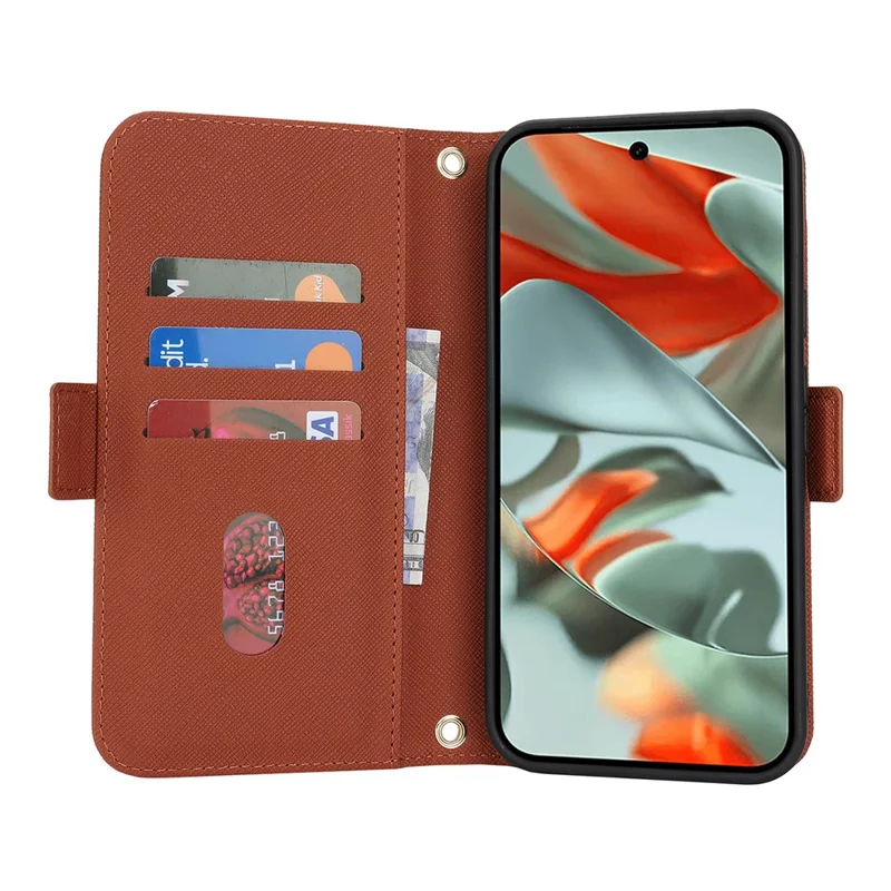 For Google Pixel 9 Pro XL Stand Case Cross Texture PU Leather Wallet Phone Cover with Shoulder Strap  /  Makeup Mirror - Brown