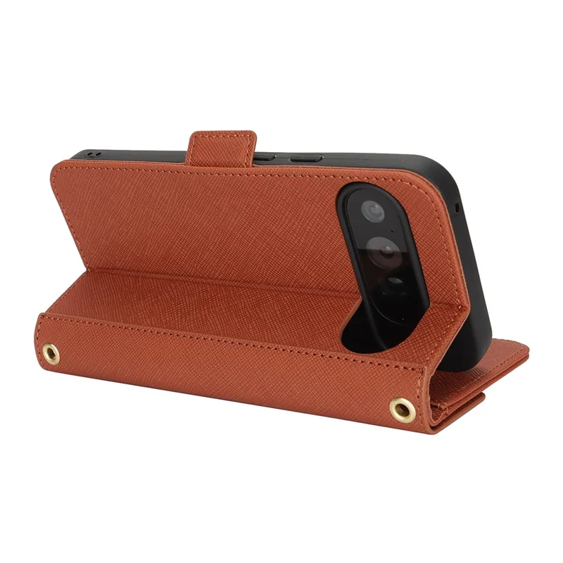 For Google Pixel 9 Pro XL Stand Case Cross Texture PU Leather Wallet Phone Cover with Shoulder Strap  /  Makeup Mirror - Brown