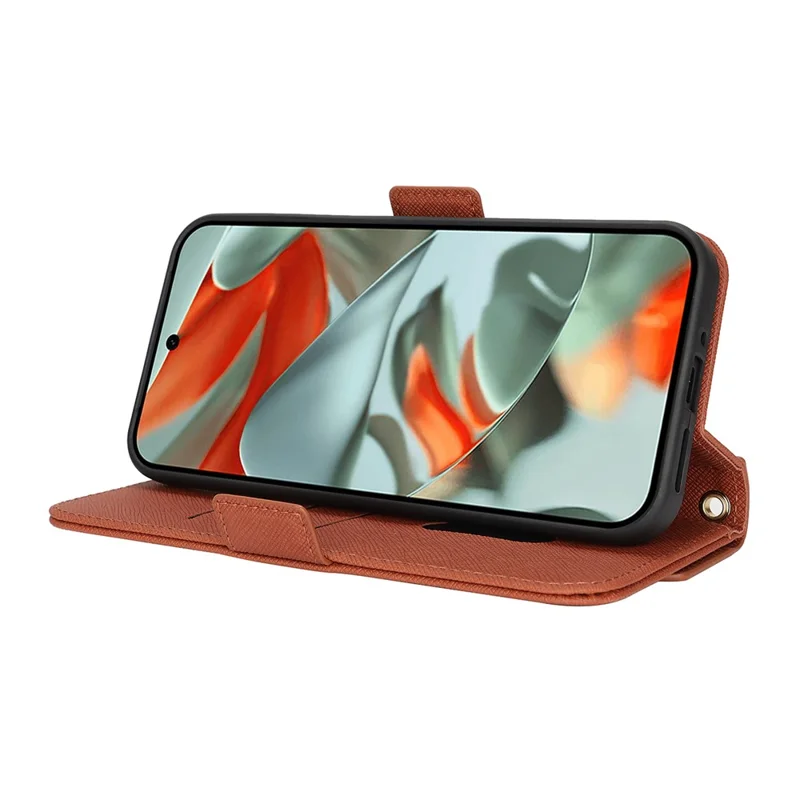 For Google Pixel 9 Pro XL Stand Case Cross Texture PU Leather Wallet Phone Cover with Shoulder Strap  /  Makeup Mirror - Brown