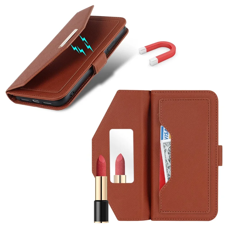 For Google Pixel 9 Pro XL Stand Case Cross Texture PU Leather Wallet Phone Cover with Shoulder Strap  /  Makeup Mirror - Brown