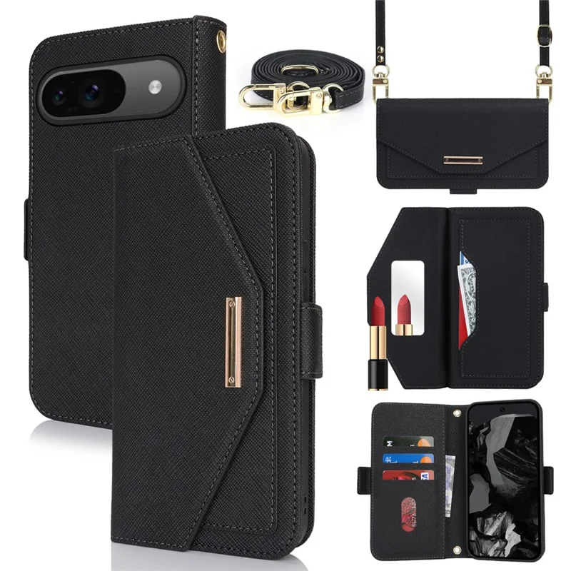 For Google Pixel 9 / 9 Pro Stand Case Cross Texture PU Leather Wallet Phone Cover with Shoulder Strap  /  Makeup Mirror - Black
