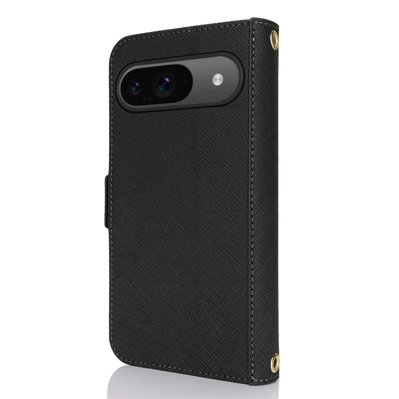 For Google Pixel 9 / 9 Pro Stand Case Cross Texture PU Leather Wallet Phone Cover with Shoulder Strap  /  Makeup Mirror - Black