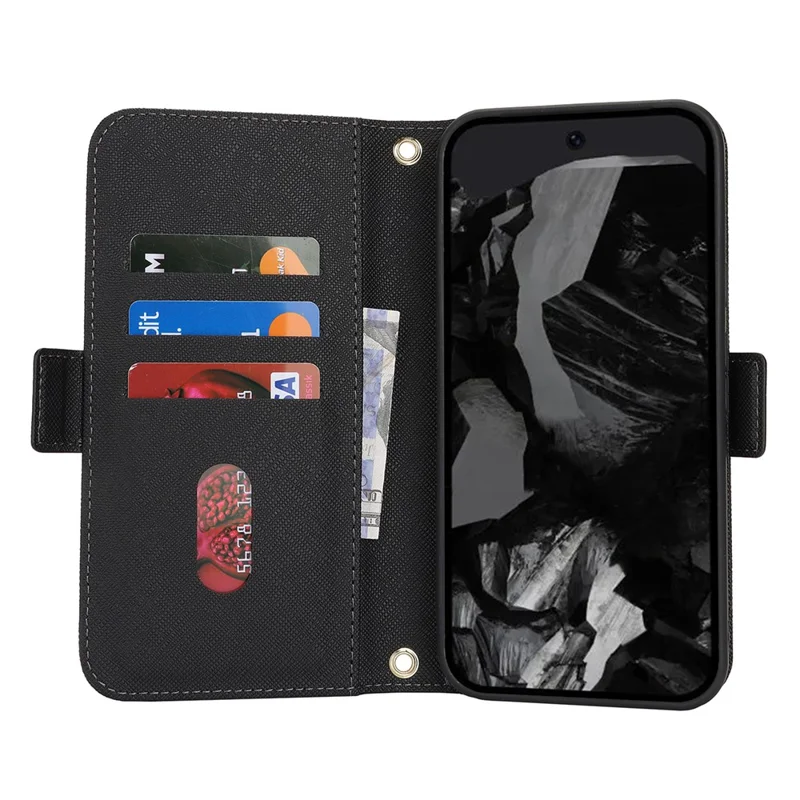 For Google Pixel 9 / 9 Pro Stand Case Cross Texture PU Leather Wallet Phone Cover with Shoulder Strap  /  Makeup Mirror - Black
