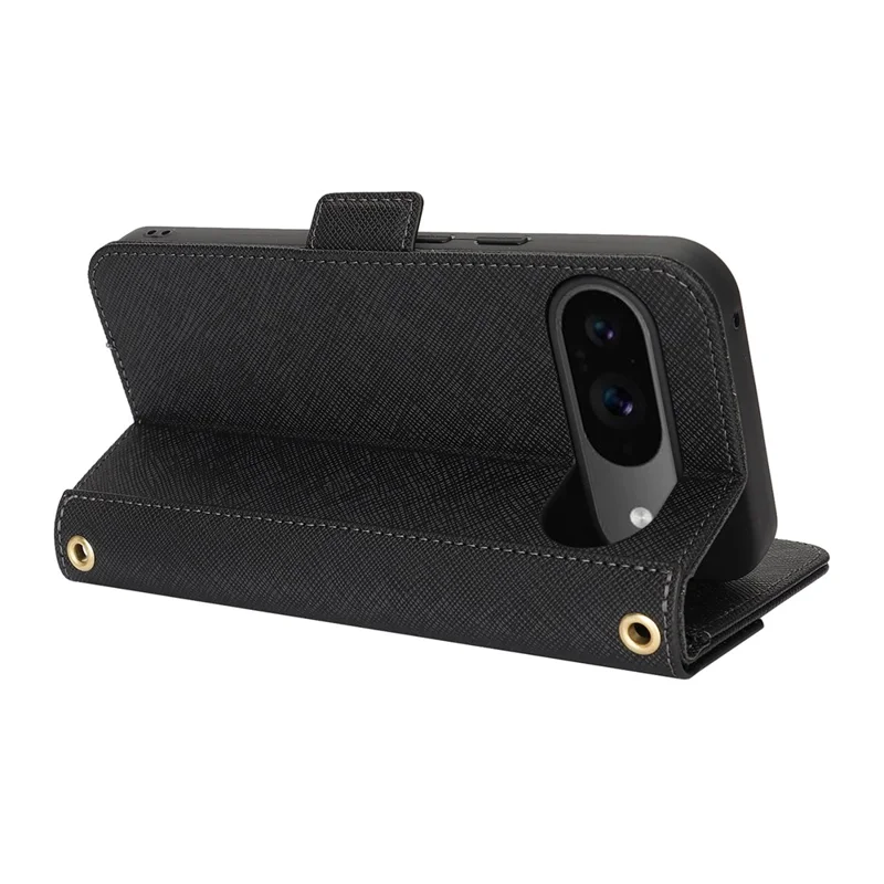 For Google Pixel 9 / 9 Pro Stand Case Cross Texture PU Leather Wallet Phone Cover with Shoulder Strap  /  Makeup Mirror - Black
