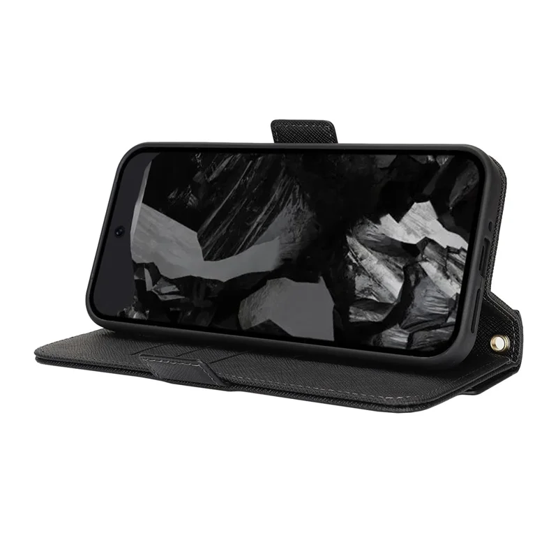 For Google Pixel 9 / 9 Pro Stand Case Cross Texture PU Leather Wallet Phone Cover with Shoulder Strap  /  Makeup Mirror - Black