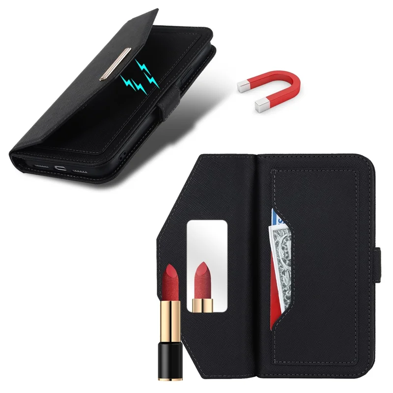 For Google Pixel 9 / 9 Pro Stand Case Cross Texture PU Leather Wallet Phone Cover with Shoulder Strap  /  Makeup Mirror - Black