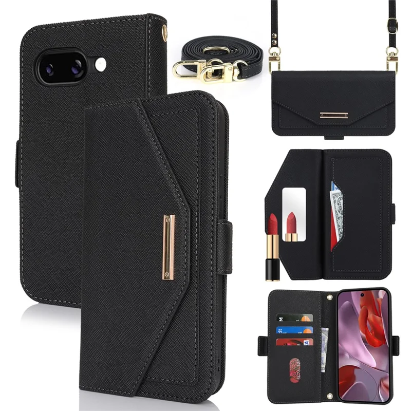 For Google Pixel 9a Stand Case Cross Texture PU Leather Wallet Phone Cover with Shoulder Strap  /  Makeup Mirror - Black
