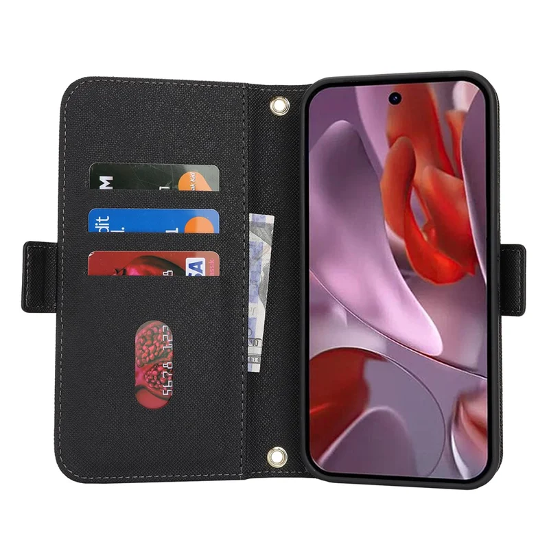 For Google Pixel 9a Stand Case Cross Texture PU Leather Wallet Phone Cover with Shoulder Strap  /  Makeup Mirror - Black