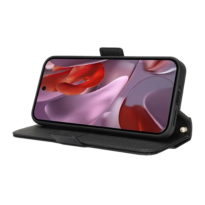 For Google Pixel 9a Stand Case Cross Texture PU Leather Wallet Phone Cover with Shoulder Strap  /  Makeup Mirror - Black