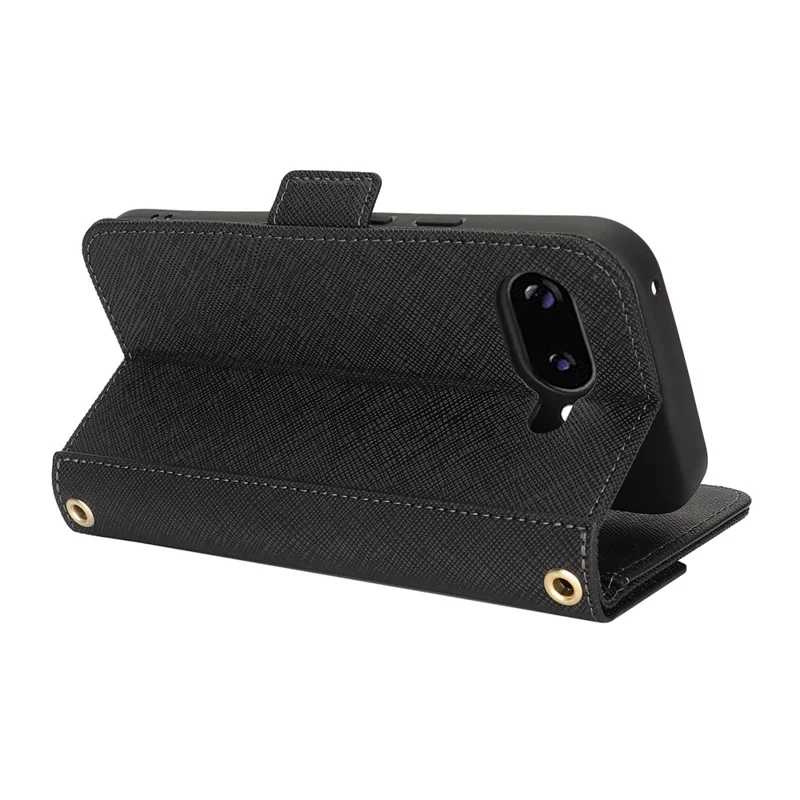 For Google Pixel 9a Stand Case Cross Texture PU Leather Wallet Phone Cover with Shoulder Strap  /  Makeup Mirror - Black