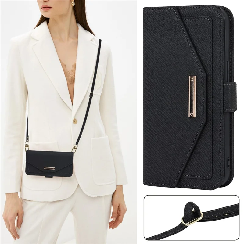 For Google Pixel 9a Stand Case Cross Texture PU Leather Wallet Phone Cover with Shoulder Strap  /  Makeup Mirror - Black