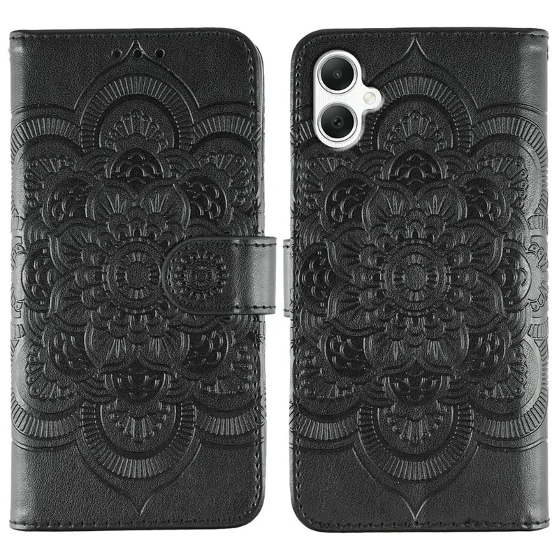 For Samsung Galaxy A06 4G / 5G / A07 4G Case PU Leather Mandala Imprinted Design Wallet Phone Cover with Wrist Strap - Black
