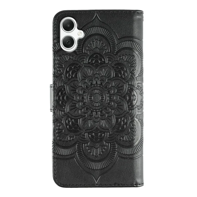 For Samsung Galaxy A06 4G / 5G / A07 4G Case PU Leather Mandala Imprinted Design Wallet Phone Cover with Wrist Strap - Black