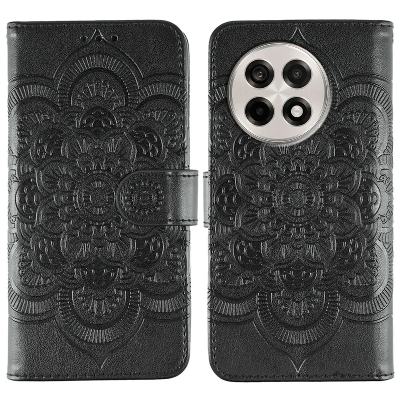 For OnePlus Ace 5 5G / Ace 5 Pro 5G / 13R 5G Case PU Leather Mandala Imprinted Design Wallet Phone Cover with Wrist Strap - Black