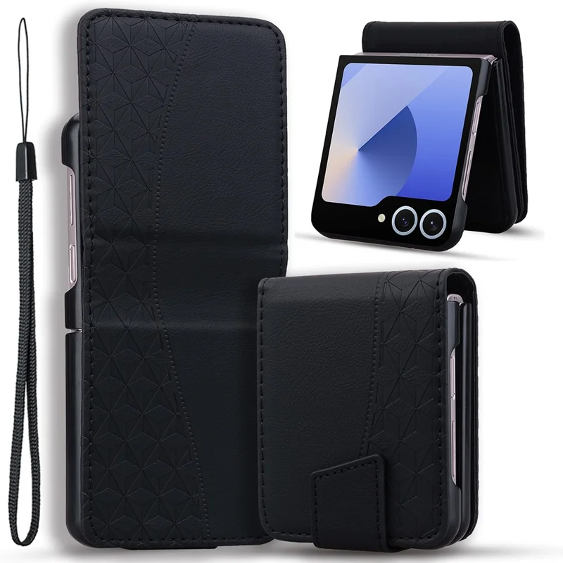 For Samsung Galaxy Z Flip7 5G Case Rhombus Pattern Leather Phone Cover with Wrist Strap - Black