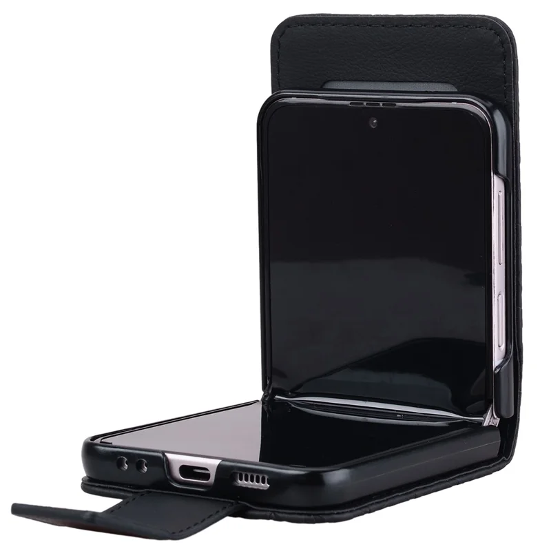 For Samsung Galaxy Z Flip7 5G Case Rhombus Pattern Leather Phone Cover with Wrist Strap - Black