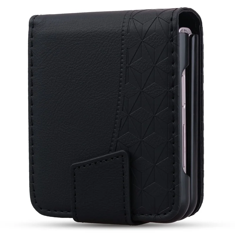 For Samsung Galaxy Z Flip7 5G Case Rhombus Pattern Leather Phone Cover with Wrist Strap - Black