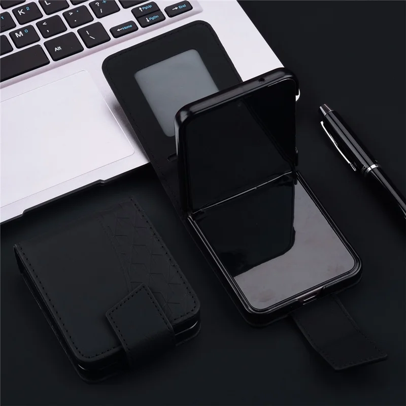 For Samsung Galaxy Z Flip7 5G Case Rhombus Pattern Leather Phone Cover with Wrist Strap - Black