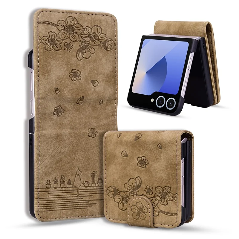 Cover per Samsung Galaxy Z Flip7 5G con Gatto e Fiori di Ciliegio in Pelle con Slot per Carte - Marrone