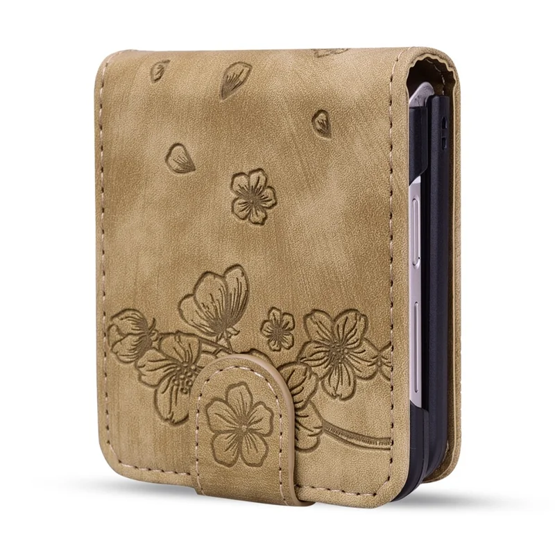 Cover per Samsung Galaxy Z Flip7 5G con Gatto e Fiori di Ciliegio in Pelle con Slot per Carte - Marrone