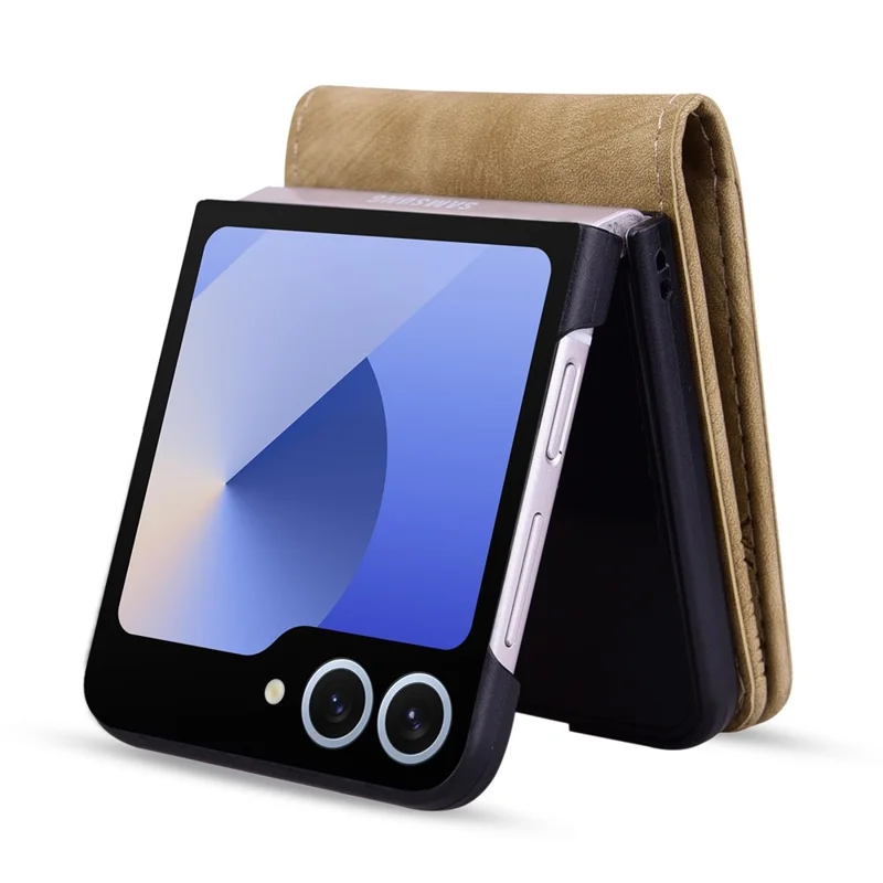 Cover per Samsung Galaxy Z Flip7 5G con Gatto e Fiori di Ciliegio in Pelle con Slot per Carte - Marrone