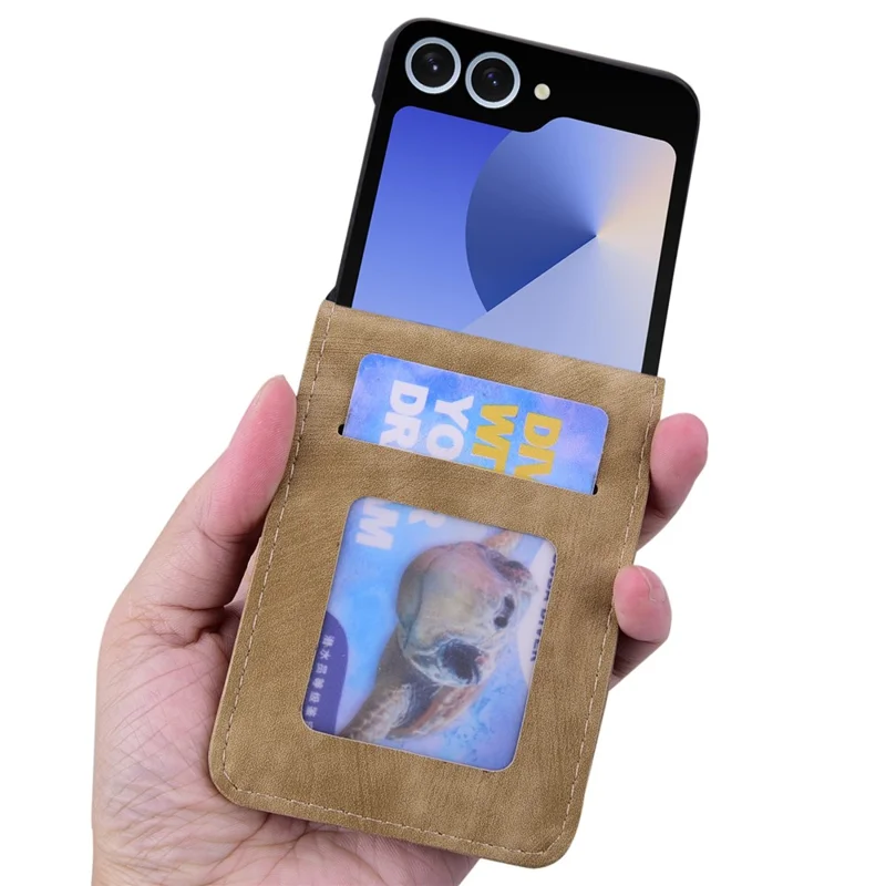 Cover per Samsung Galaxy Z Flip7 5G con Gatto e Fiori di Ciliegio in Pelle con Slot per Carte - Marrone