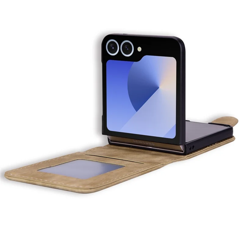 Cover per Samsung Galaxy Z Flip7 5G con Gatto e Fiori di Ciliegio in Pelle con Slot per Carte - Marrone