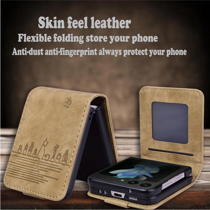 Cover per Samsung Galaxy Z Flip7 5G con Gatto e Fiori di Ciliegio in Pelle con Slot per Carte - Marrone