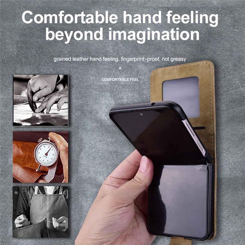 Cover per Samsung Galaxy Z Flip7 5G con Gatto e Fiori di Ciliegio in Pelle con Slot per Carte - Marrone