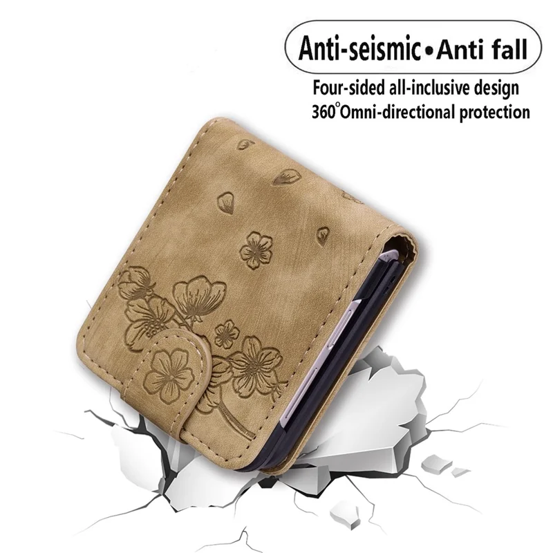 Cover per Samsung Galaxy Z Flip7 5G con Gatto e Fiori di Ciliegio in Pelle con Slot per Carte - Marrone