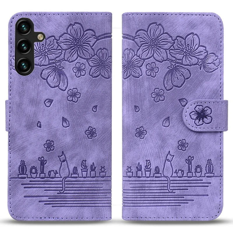 Capa de Celular para Samsung Galaxy A16 4G / 5G / A26 5G / A17, Capa de Couro com Suporte Dobrável - Gato de Flor de Cerejeira Estampado - Roxo