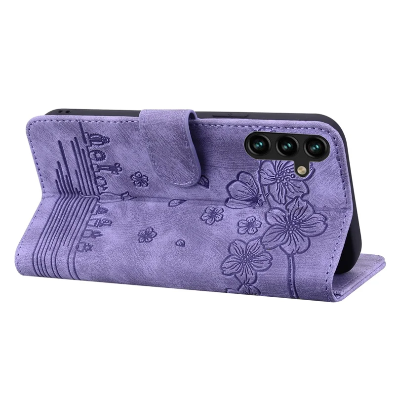 Capa de Celular para Samsung Galaxy A16 4G / 5G / A26 5G / A17, Capa de Couro com Suporte Dobrável - Gato de Flor de Cerejeira Estampado - Roxo