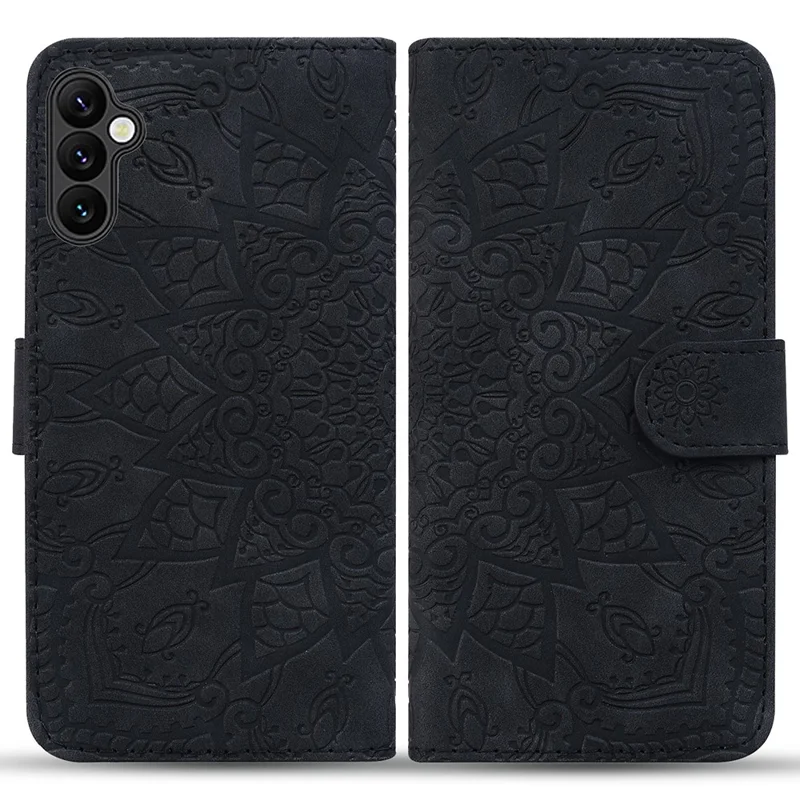 Phone Case For Samsung Galaxy A16 4G / 5G / A26 5G / A17 , Flower Imprinted PU Leather Wallet Flip Cover with Wrist Strap - Black