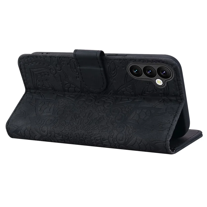 Phone Case For Samsung Galaxy A16 4G / 5G / A26 5G / A17 , Flower Imprinted PU Leather Wallet Flip Cover with Wrist Strap - Black