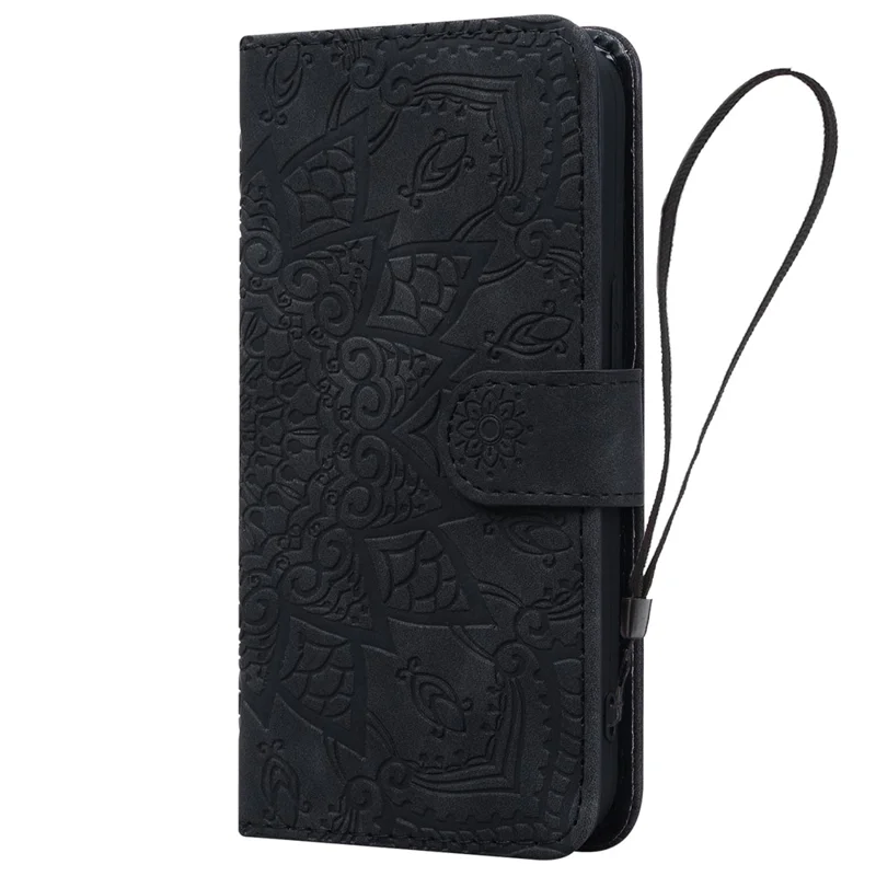 Phone Case For Samsung Galaxy A16 4G / 5G / A26 5G / A17 , Flower Imprinted PU Leather Wallet Flip Cover with Wrist Strap - Black