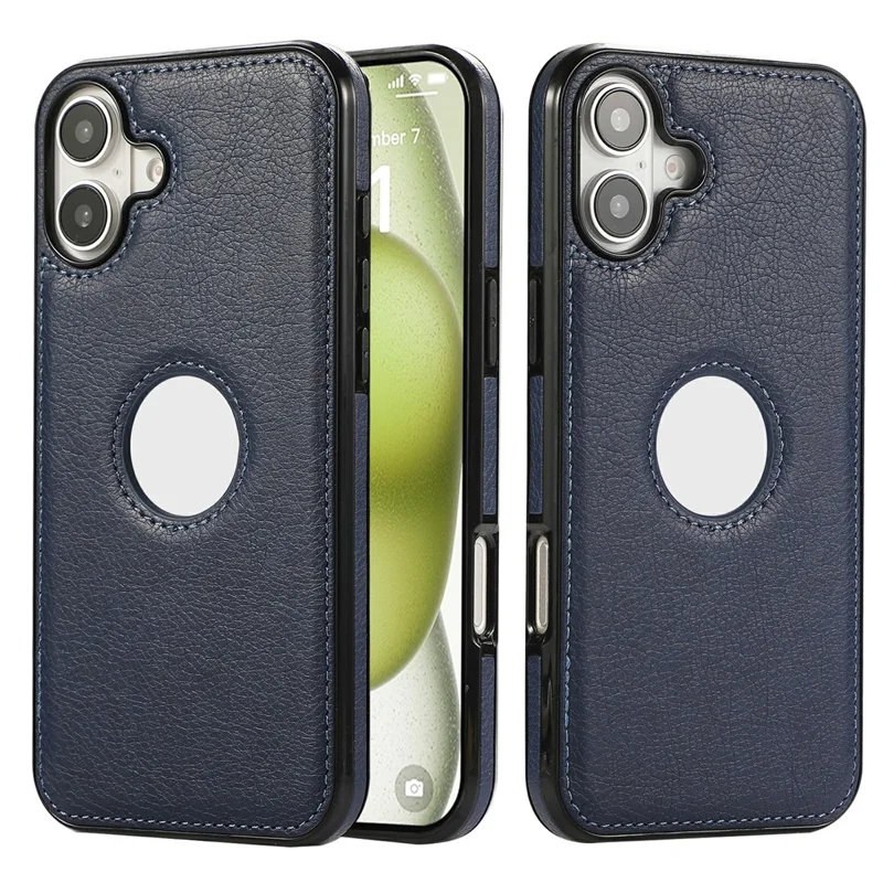 For iPhone 16 Case Logo View Litchi Texture PU Leather Coated PC + TPU Phone Cover - Blue