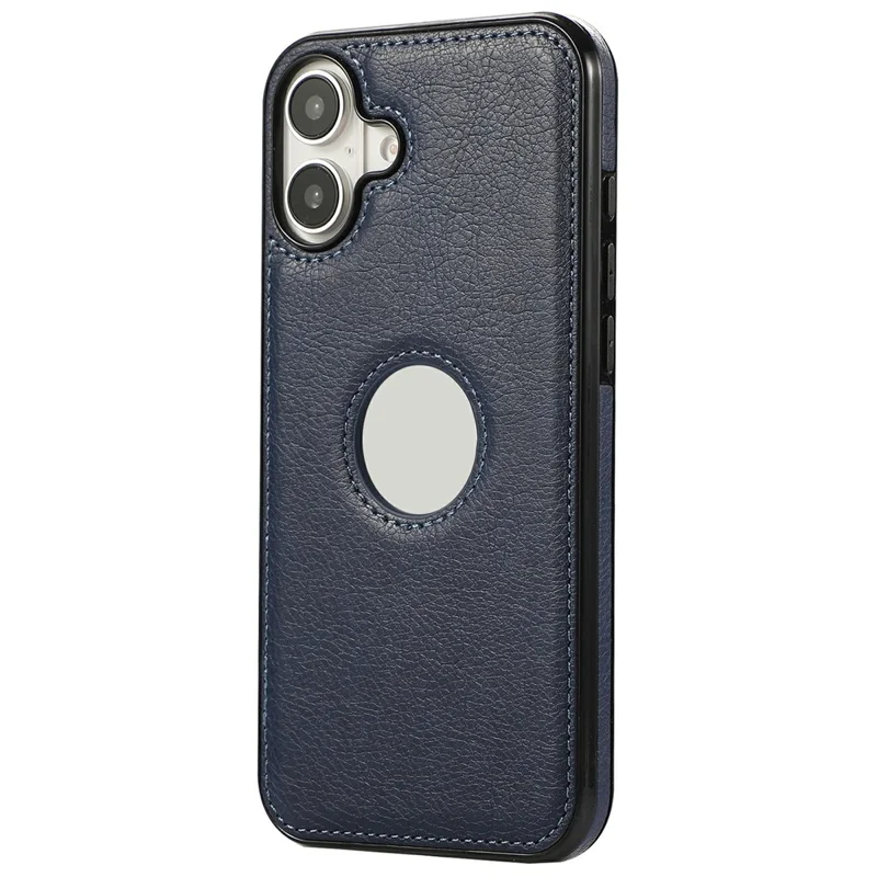 For iPhone 16 Case Logo View Litchi Texture PU Leather Coated PC + TPU Phone Cover - Blue