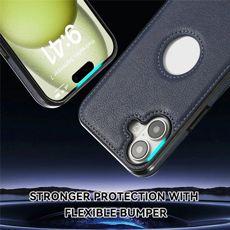 For iPhone 16 Case Logo View Litchi Texture PU Leather Coated PC + TPU Phone Cover - Blue