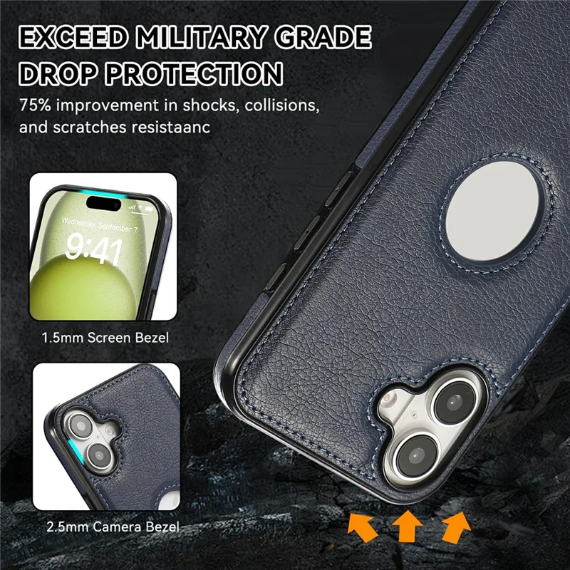 For iPhone 16 Case Logo View Litchi Texture PU Leather Coated PC + TPU Phone Cover - Blue