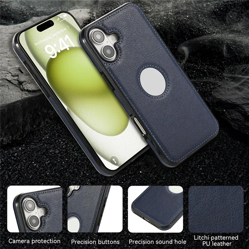 For iPhone 16 Case Logo View Litchi Texture PU Leather Coated PC + TPU Phone Cover - Blue
