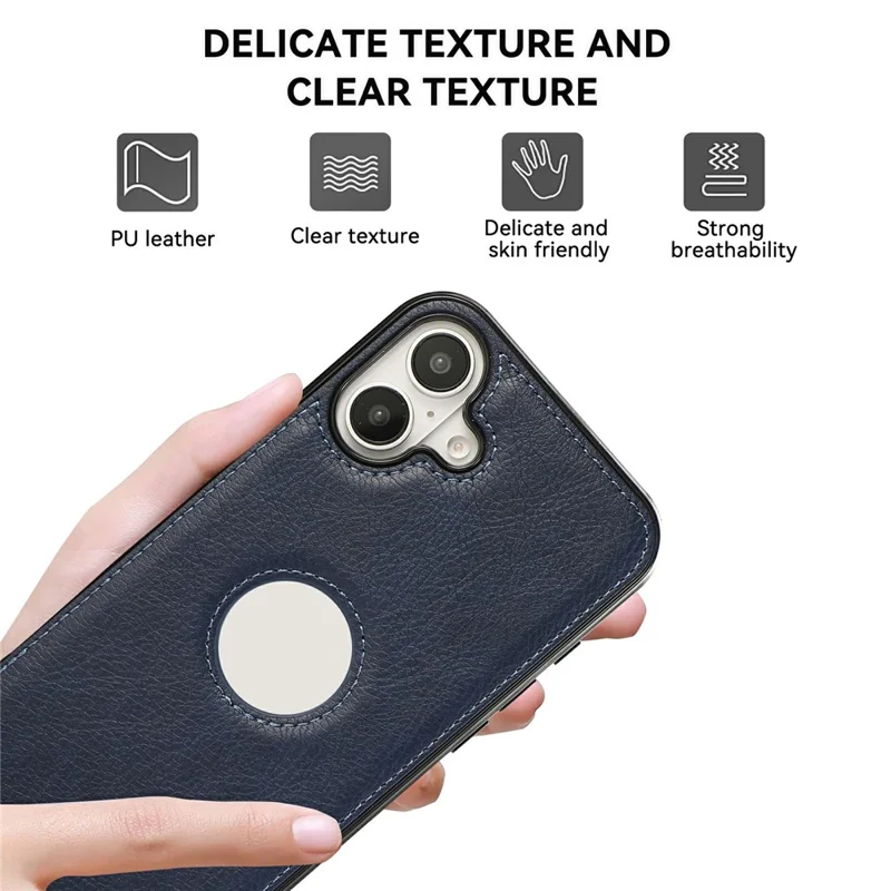For iPhone 16 Case Logo View Litchi Texture PU Leather Coated PC + TPU Phone Cover - Blue