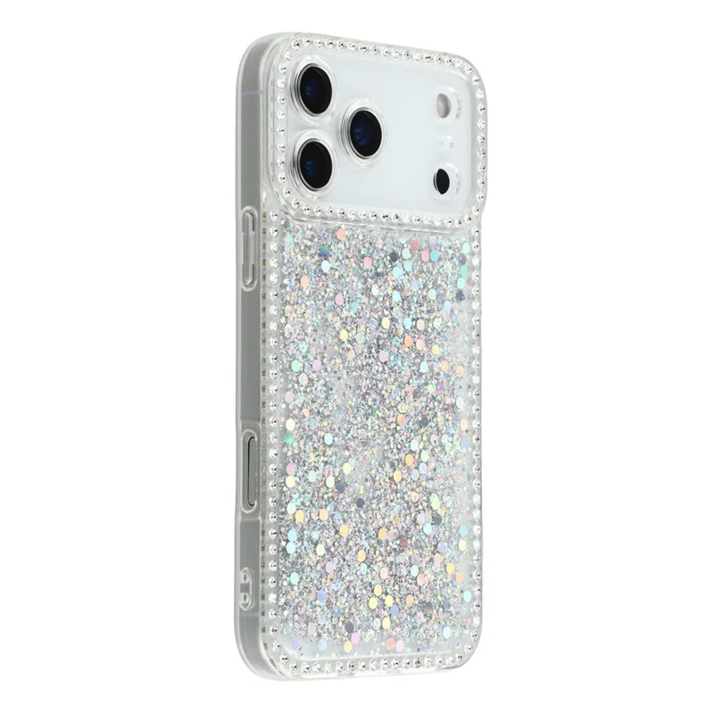 For iPhone 17 Pro Case Rhinestone Edge Glitter Epoxy TPU Phone Cover - Silver